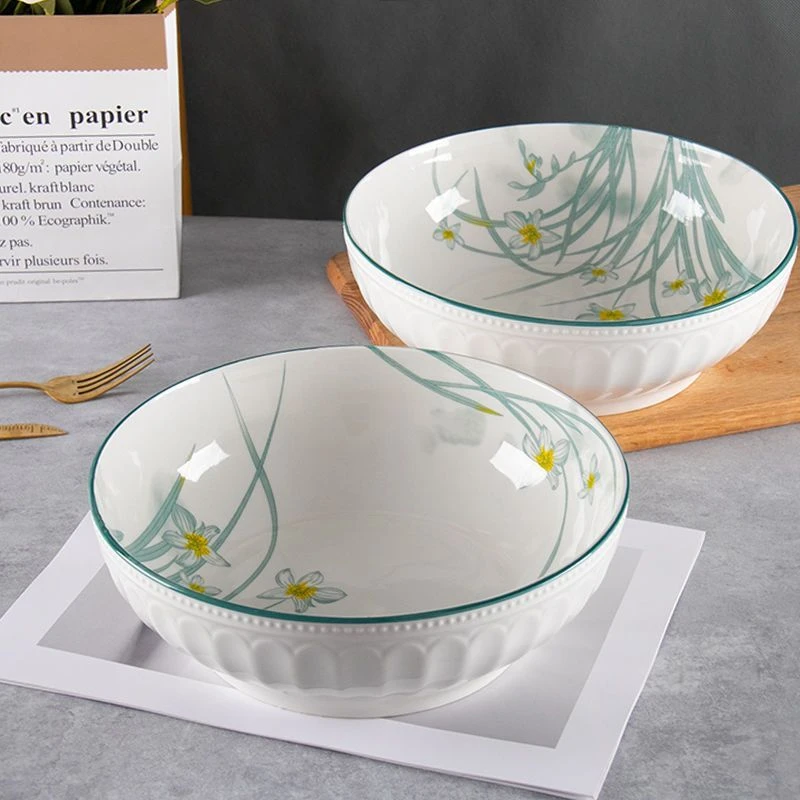 水仙花新款9英寸面碗家用耐高温大汤碗立体浮雕陶瓷釉下彩大号碗