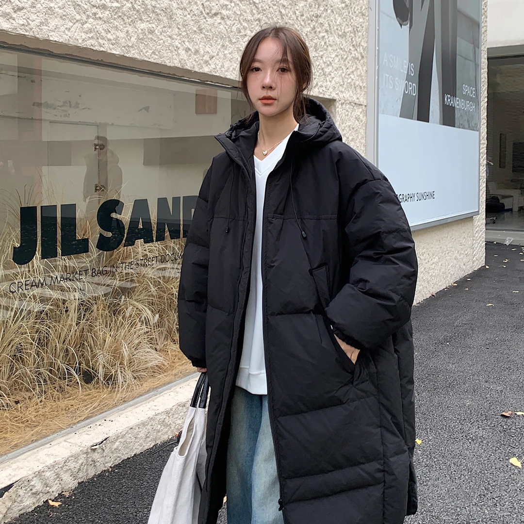 Vs what 韩版中长款90白鸭绒连帽羽绒服女冬加厚百搭保暖防寒外套