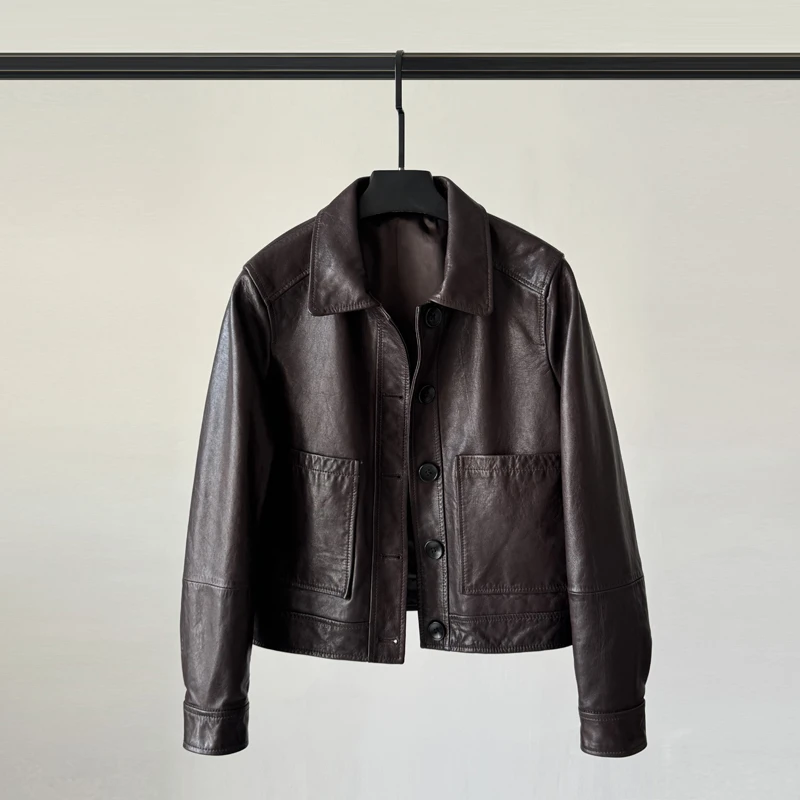 JL2505海宁新款真皮皮衣女短款绵羊皮单排扣口袋皮夹克油蜡皮外套