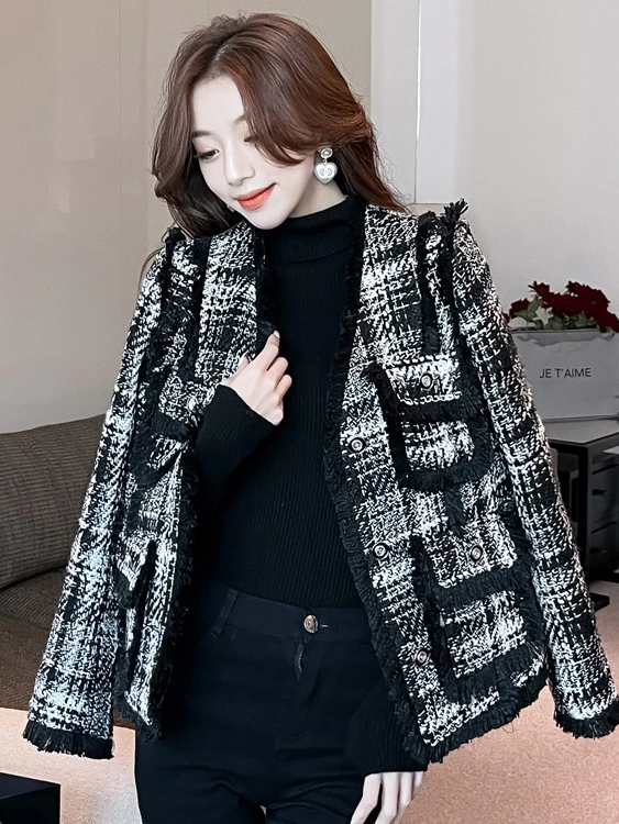 秋冬新款韩版宽松时尚气质小香风上衣名媛千鸟格休闲短款长袖