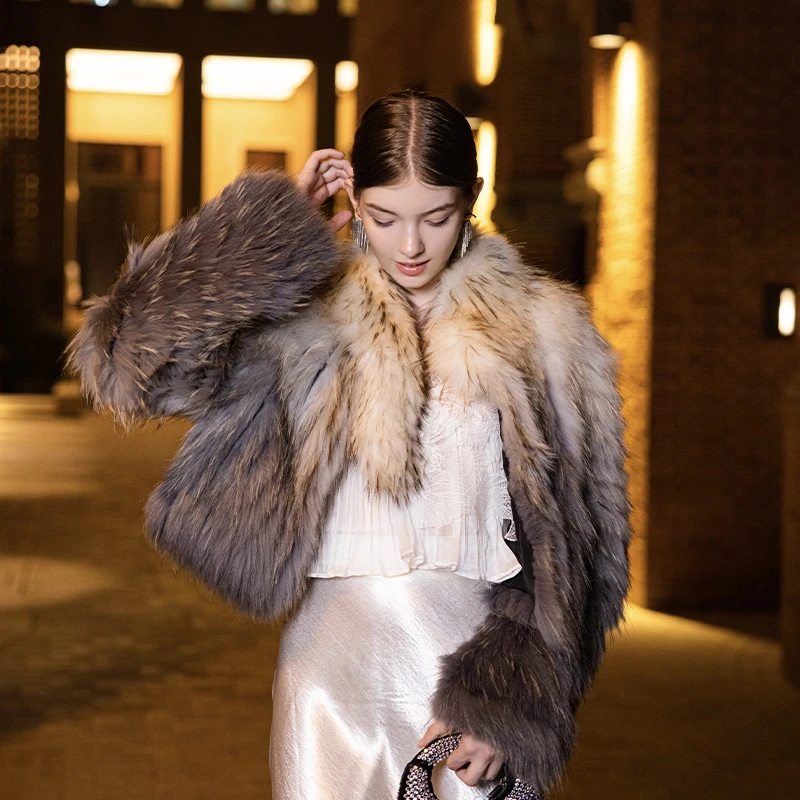【孤品特价】嵌革工艺白金貉毛皮草外套女 v19023ym 瑶瑶