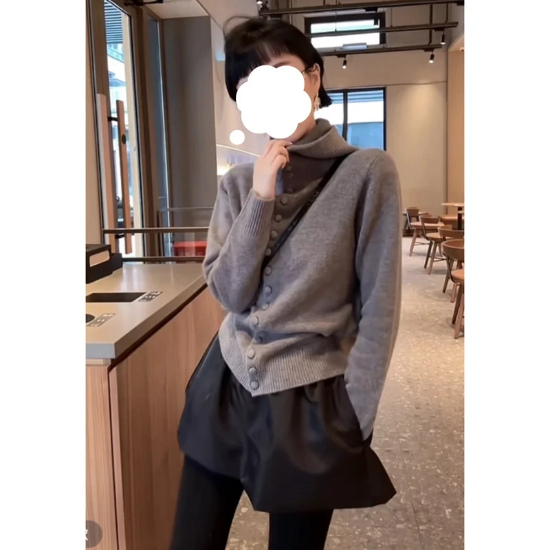 秋冬百搭韩版纯色连帽单排扣针织开衫洋气减龄叠穿毛衣外套女