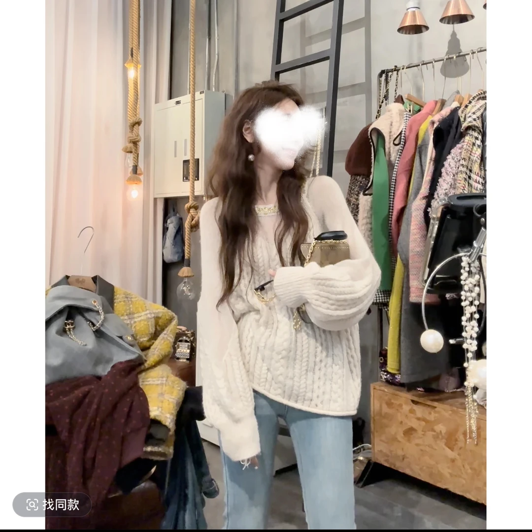 韩版定制温柔韩系氛围感灯笼袖水钻钉珠微透拼接毛衣