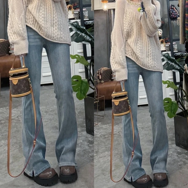 秋冬直筒加绒加厚微喇叭牛仔裤女百搭显瘦遮肉设计感立体裁剪