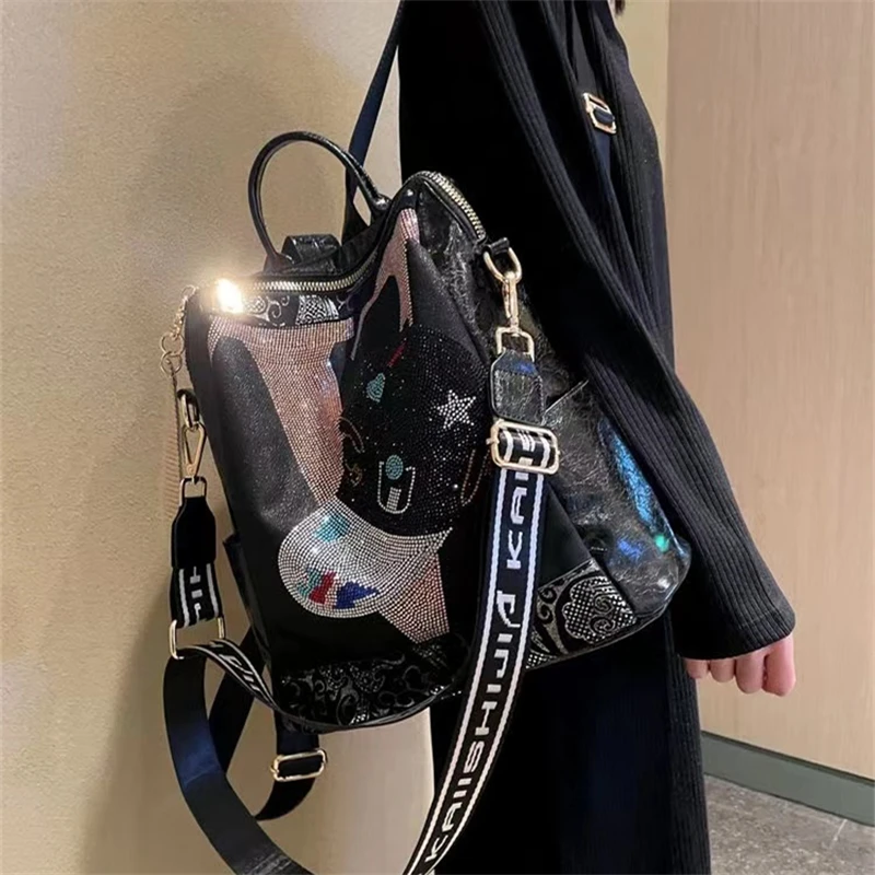 迪.艾蔻双肩包女百搭时尚高级大容量软皮双肩背潮流多功能黑色