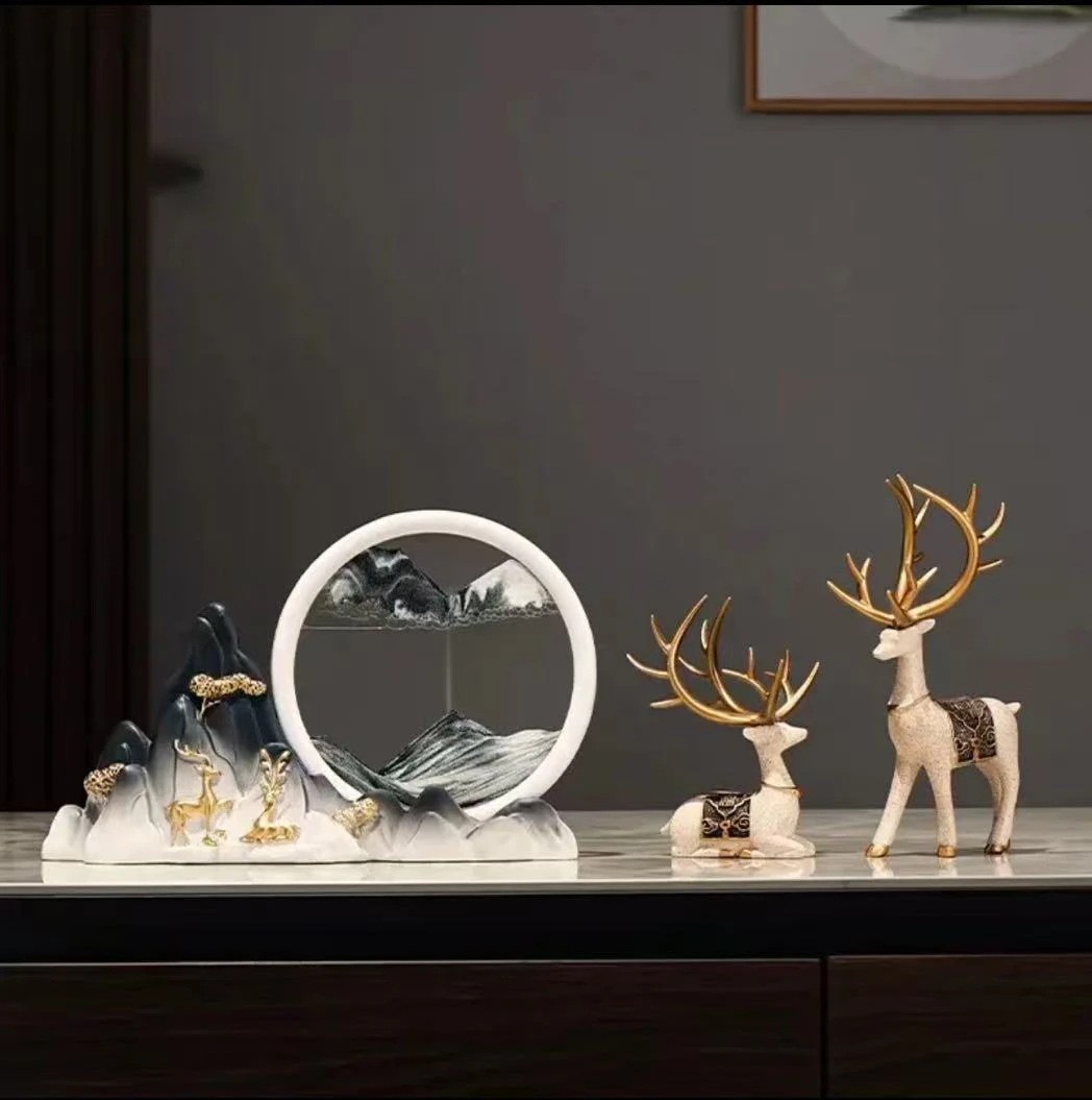 意境山水流沙画创意新中式轻奢鹿摆件电视柜客厅酒柜装饰品情人节