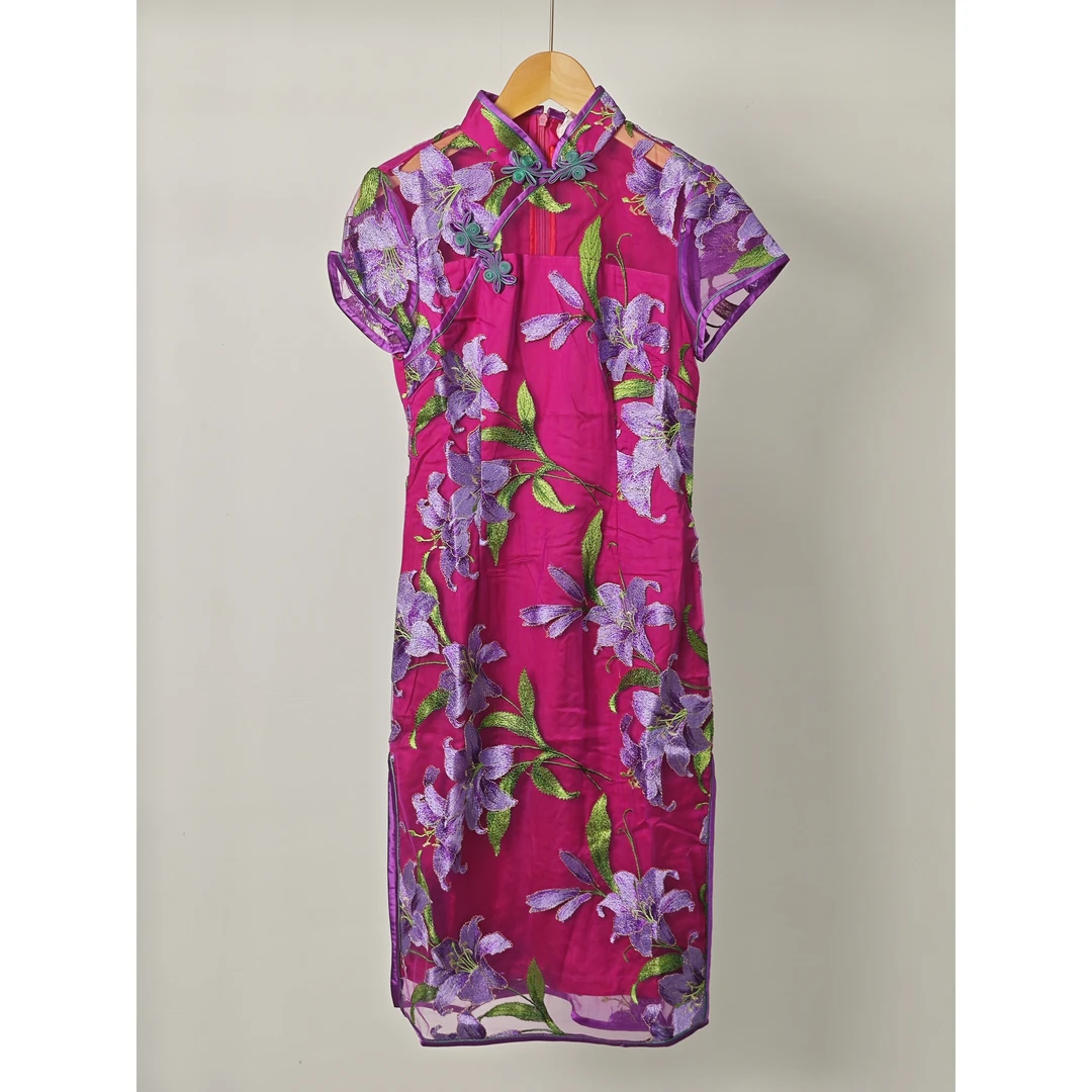 江南紫色刺绣花旗袍-72135