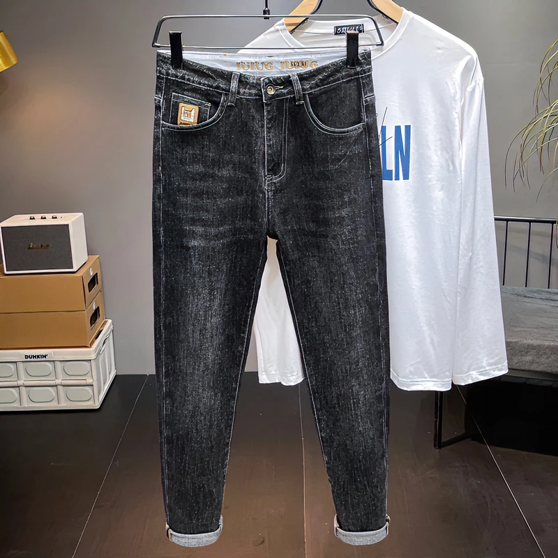 【长裤】2024新款刺绣表带绣花修身小脚锥形秋季牛仔裤百搭男牛仔裤