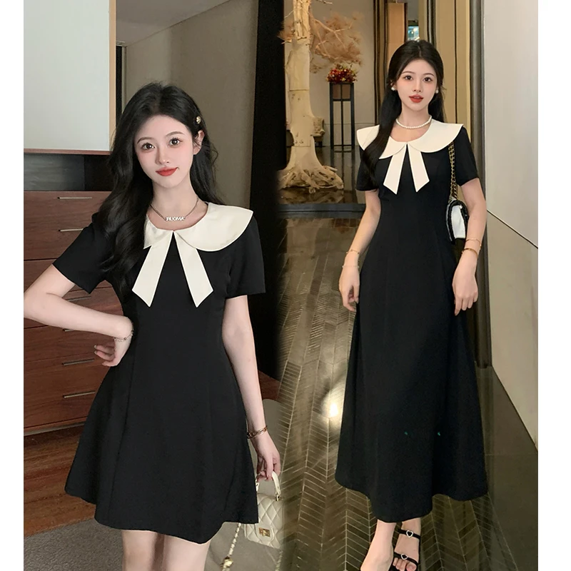 2024夏季薄款大码女装新款时尚气质法式收腰显瘦轻奢蝴蝶领连衣裙