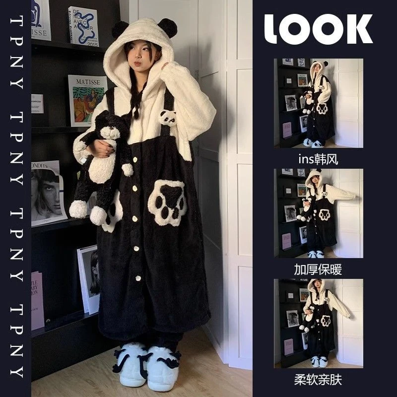 可爱熊猫珊瑚绒睡衣女秋冬季加绒加厚冬天保暖睡袍长裤家居服套装
