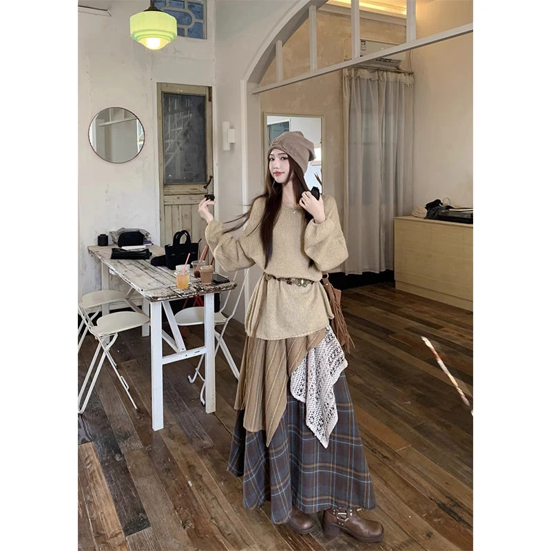 韩系休闲时尚套装女宽松百搭针织毛衣设计感高腰拼接半身裙配腰带