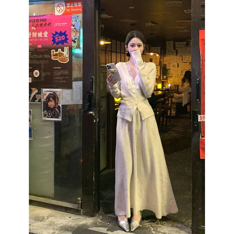 南蕾丝边v领羊毛针织开衫女秋冬新款高级感上衣半身裙长裙套装