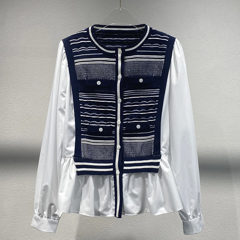 【现货】秋冬新款条纹针织拼接衬衫撞色长袖假两件上衣女 Z281