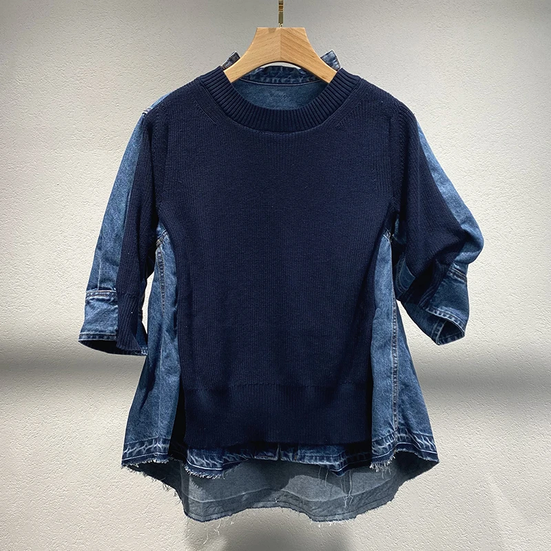 【实拍】时尚牛仔拼接短袖针织衫2025夏季新款套头百搭上衣女 7291
