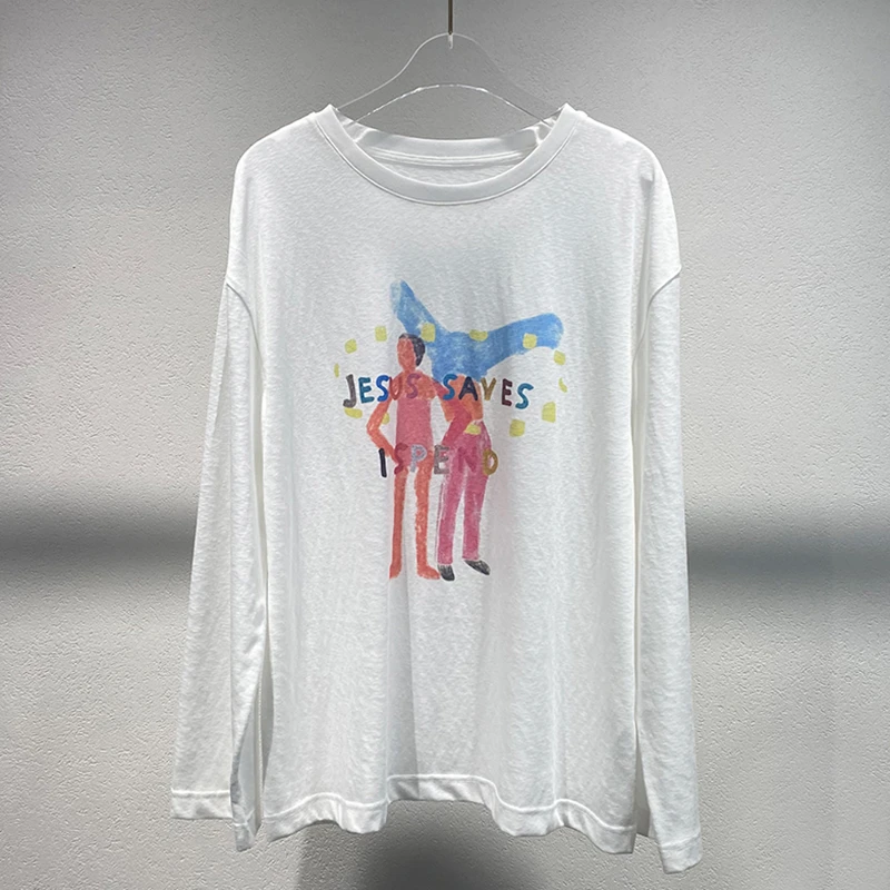 【现货实拍】2025春季新款白色圆领彩绘图案休闲长袖T恤上衣女Z248