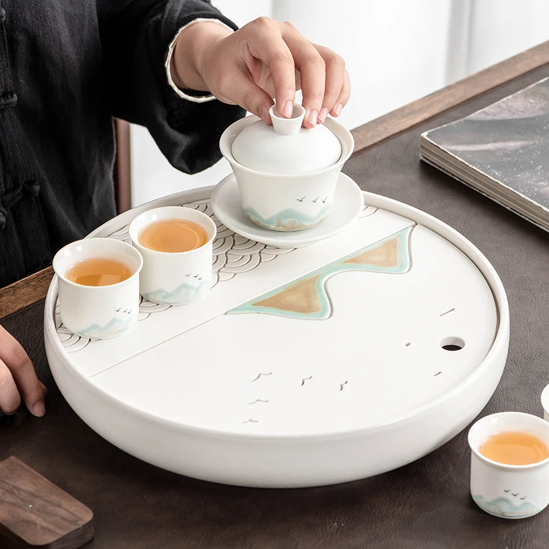 秘程远山茶盘家用茶海沥水盘陶瓷圆形储水盘办公会客干泡茶具托盘