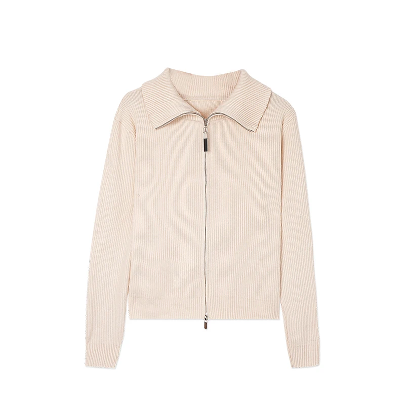 T 70005-1：简约坑条翻领女双拉链外搭针织开衫