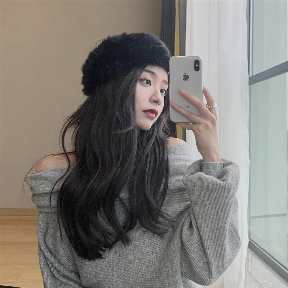 网红同款兔毛发带帽子女宽秋冬保暖时尚发箍帽毛毛绒发带头饰头套