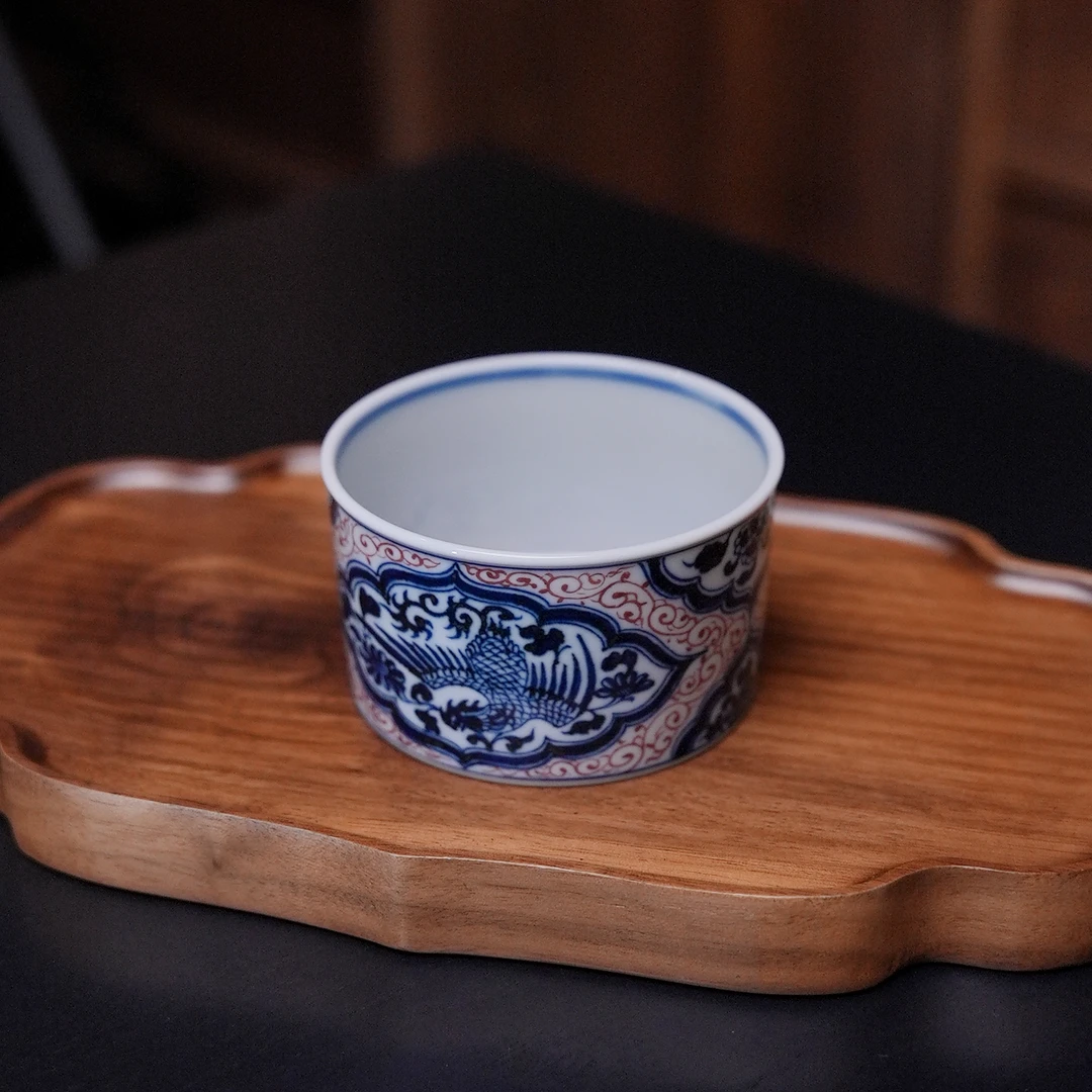 贤云造物青花釉下红开窗双凤直口杯 175ml