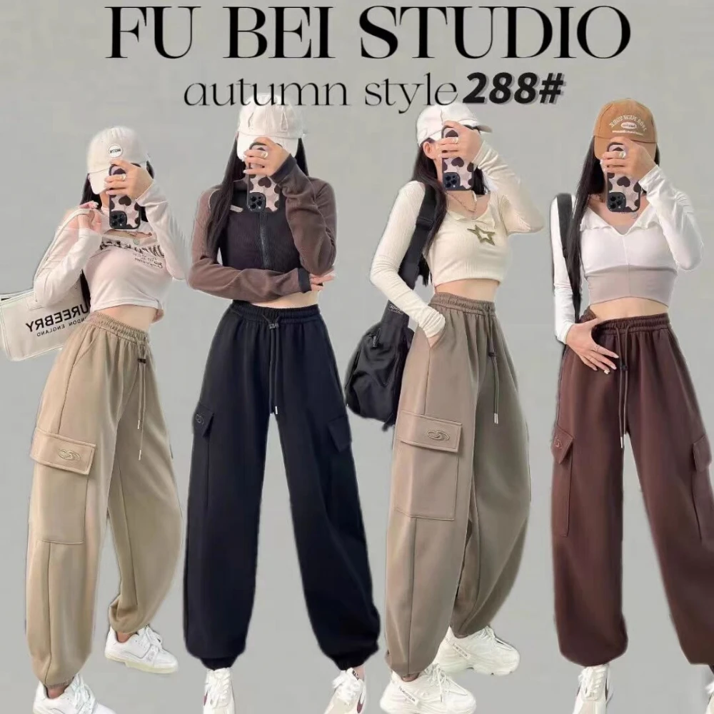 美式加厚工装裤女秋冬高腰绑带垂感直筒阔腿裤小个子休闲运动卫裤