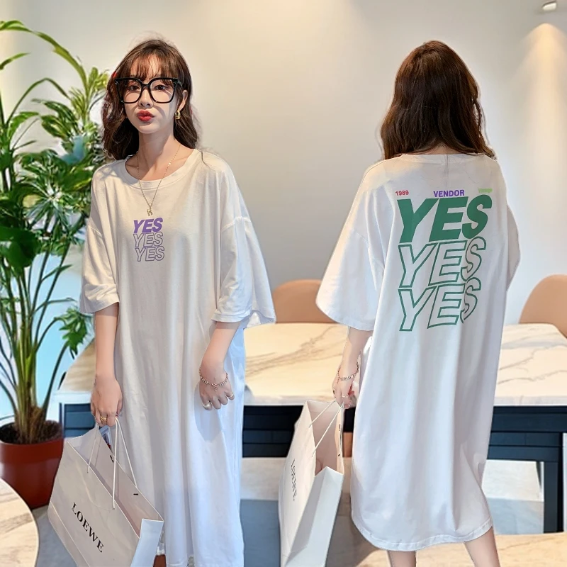 短袖连衣裙夏天胖MM大码女装长款宽松慵懒风长裙洋气半袖T恤裙子