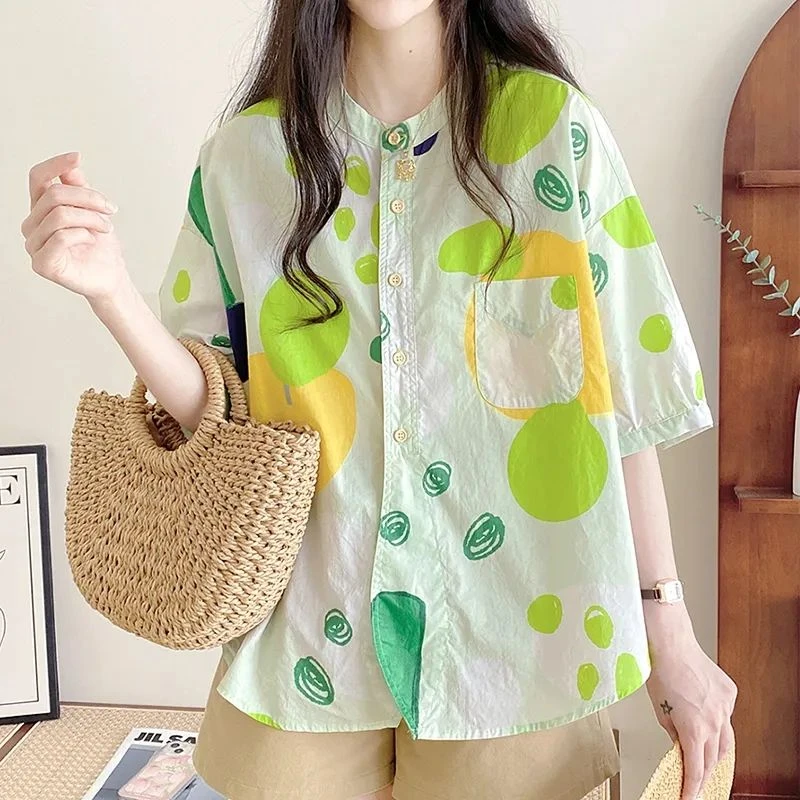 衬衫上衣女夏款2025新款原宿风宽松圆领设计感彩点涂鸦棉质中袖