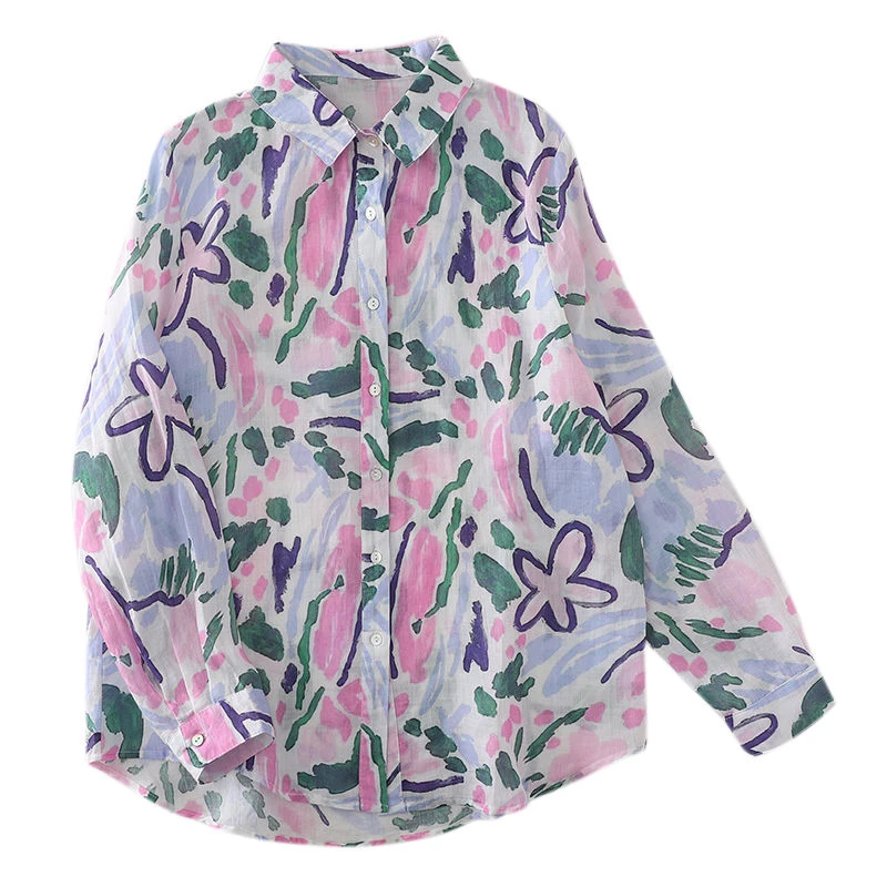 彩色薄款时尚印花衬衫洋气秋季新款轻薄透气宽松长袖衬衣女上衣