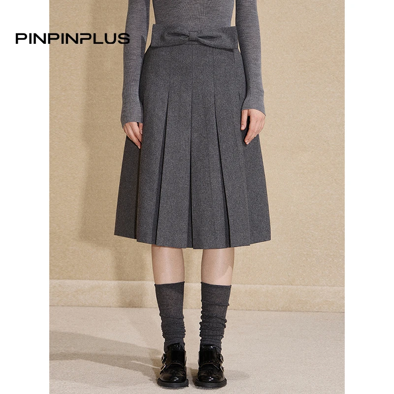 PINPINPLUS丨「秋之圆舞曲」格雷系立体蝴蝶结绵羊毛半裙 8C71611HP