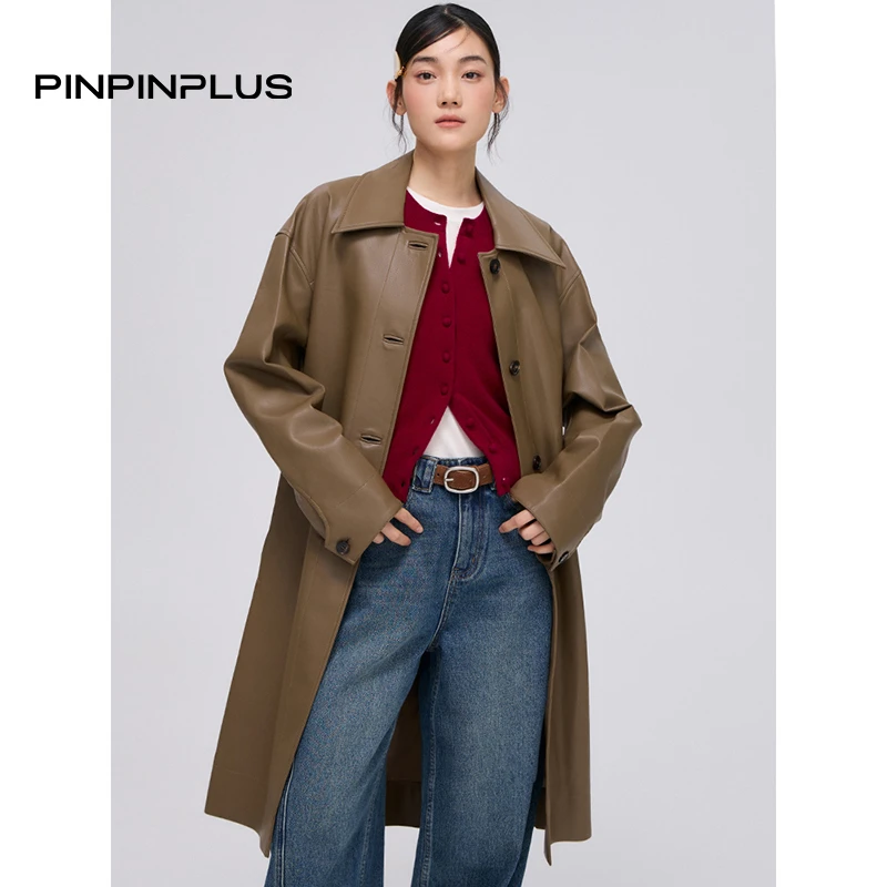 PINPINPLUS丨「摩登出场」翻领腰带直筒中长款皮衣外套3C62832FP