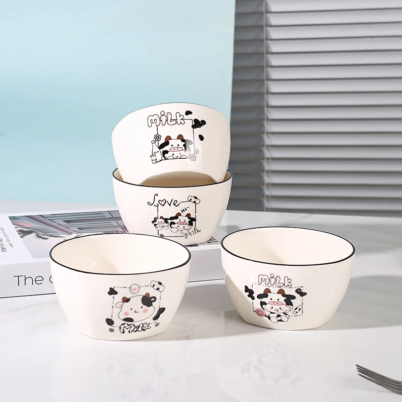 陶瓷家用碗具奶牛创意卡通圆碗加厚碗具抖音网红可爱碗勺餐具组合