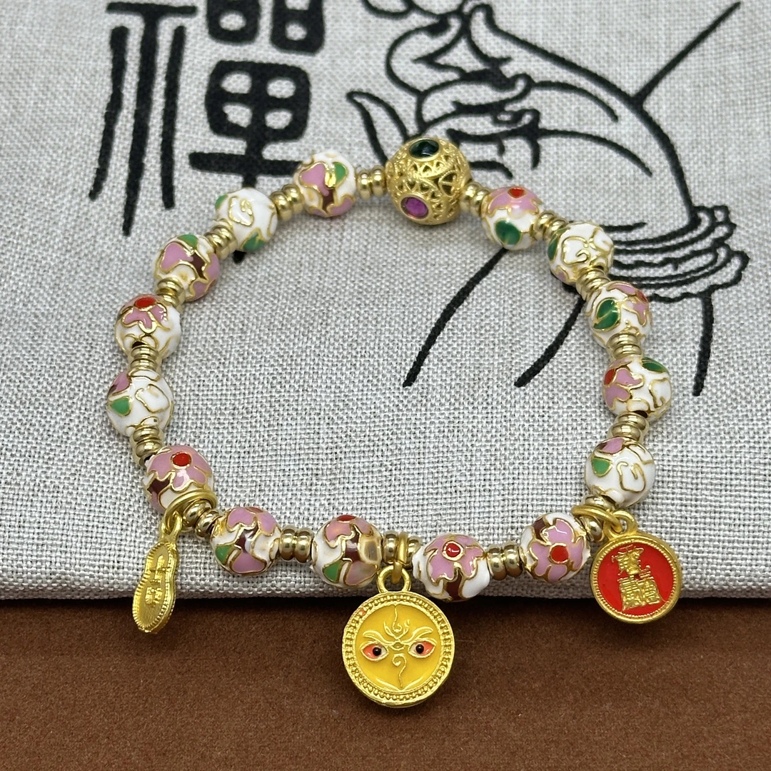 非金属珐琅手链 景泰蓝白色手串掐丝珐琅繁花五路财神手链单圈女O