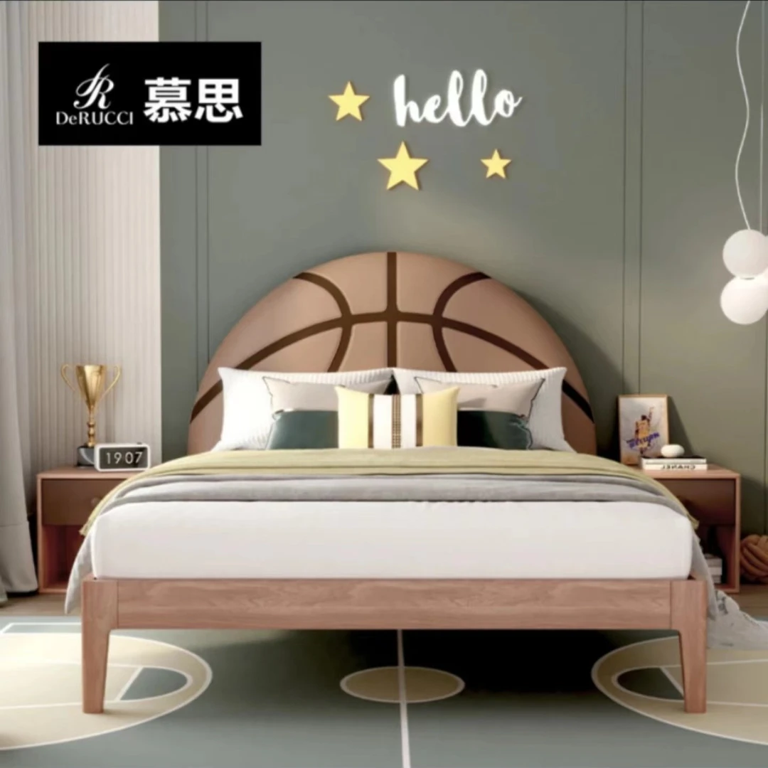 慕思简约现代篮球风格儿童床靠包软床男孩床童趣风格实木床023