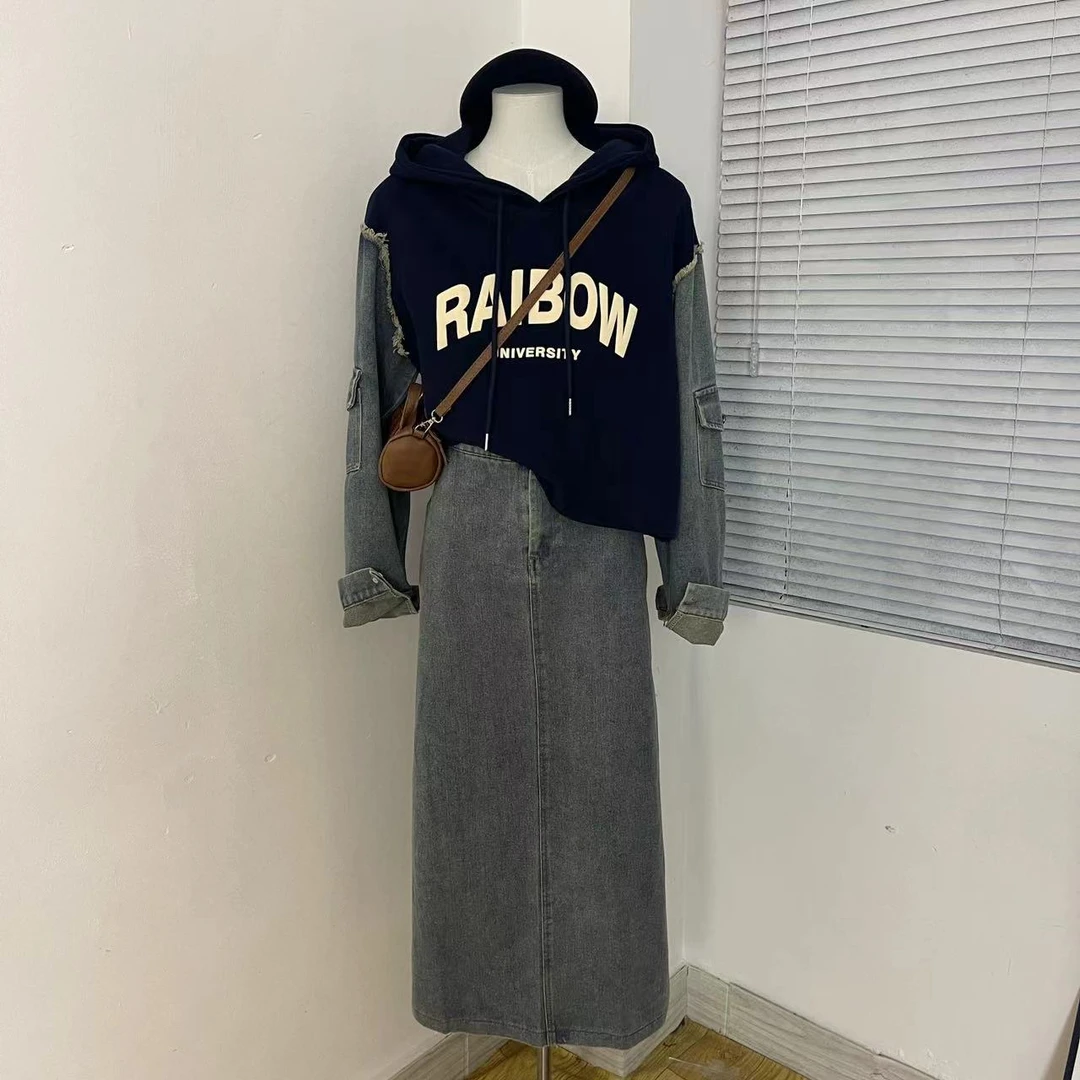 栗子精选女装  韩国东大门宽松时尚复古拼接撞色牛仔卫衣两件套女