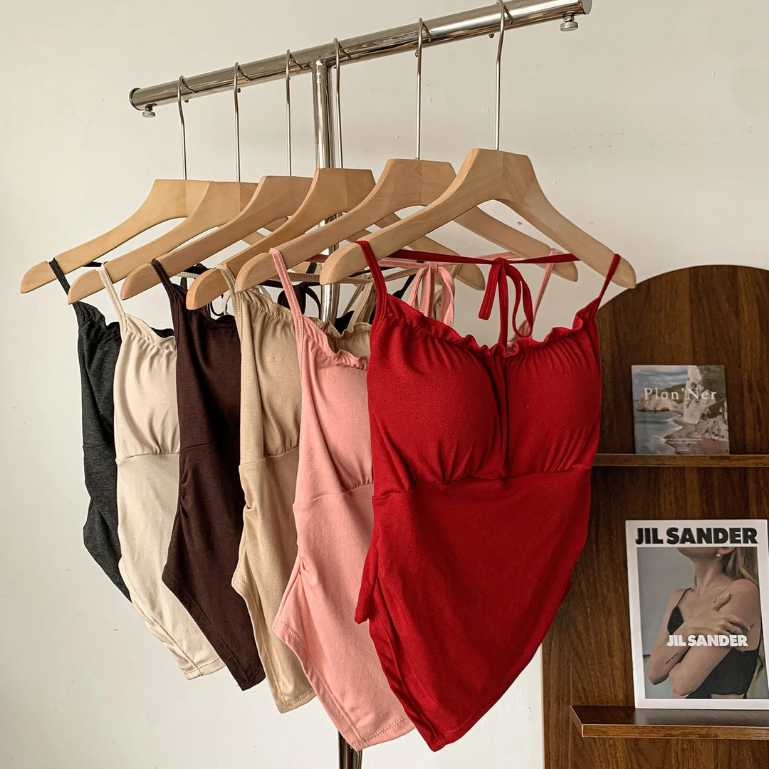 新款夏季纯欲吊带背心带胸垫系带时尚百搭镂空露背打底上衣女美背