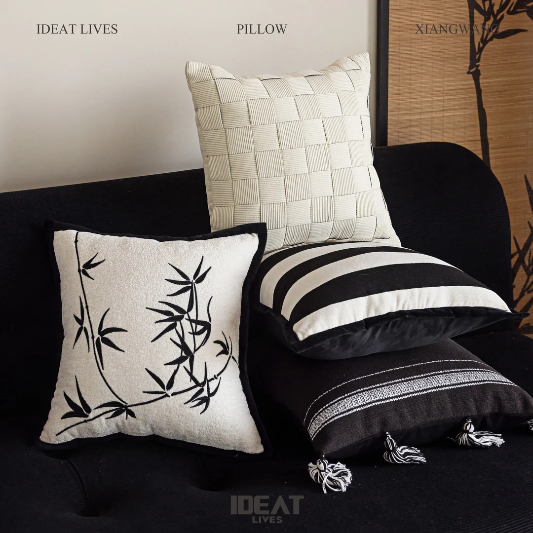 IDEAT LIVES现代中式抱枕黑白竹叶客厅沙发靠背垫卧室床头靠枕