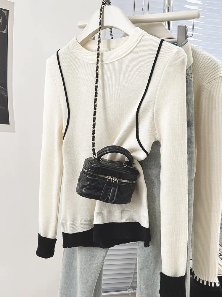 秋冬圆领收腰套头圆领毛衣设计感时尚内搭修身针织打底衫上衣女