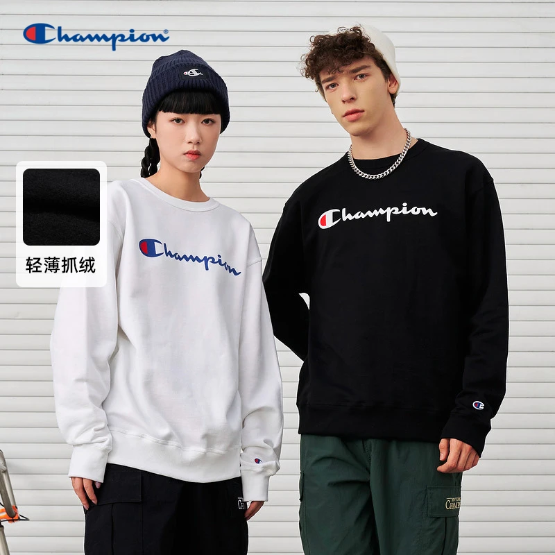 Champion冠军卫衣新款情侣草写印花轻薄抓绒白色短款长袖UM-USW49