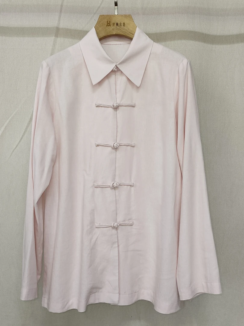 经典古巷JDGX｜新中式手工盘扣打底长袖气质粉色立领衬衫时尚百搭