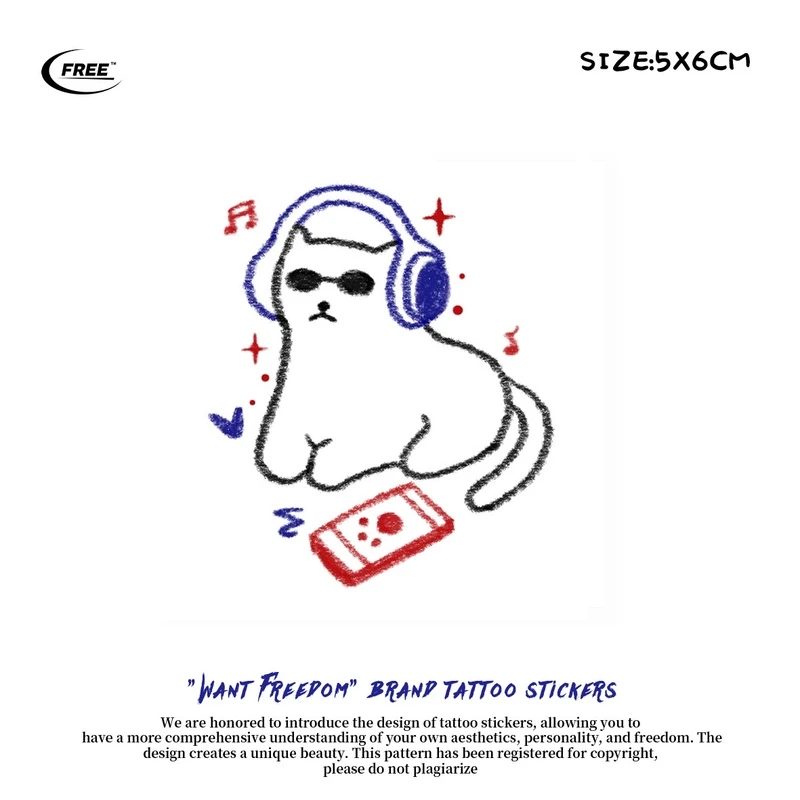 想自由 音乐小猫彩色彩绘遮盖遮瑕贴半永久防水纹身贴纸买一送一