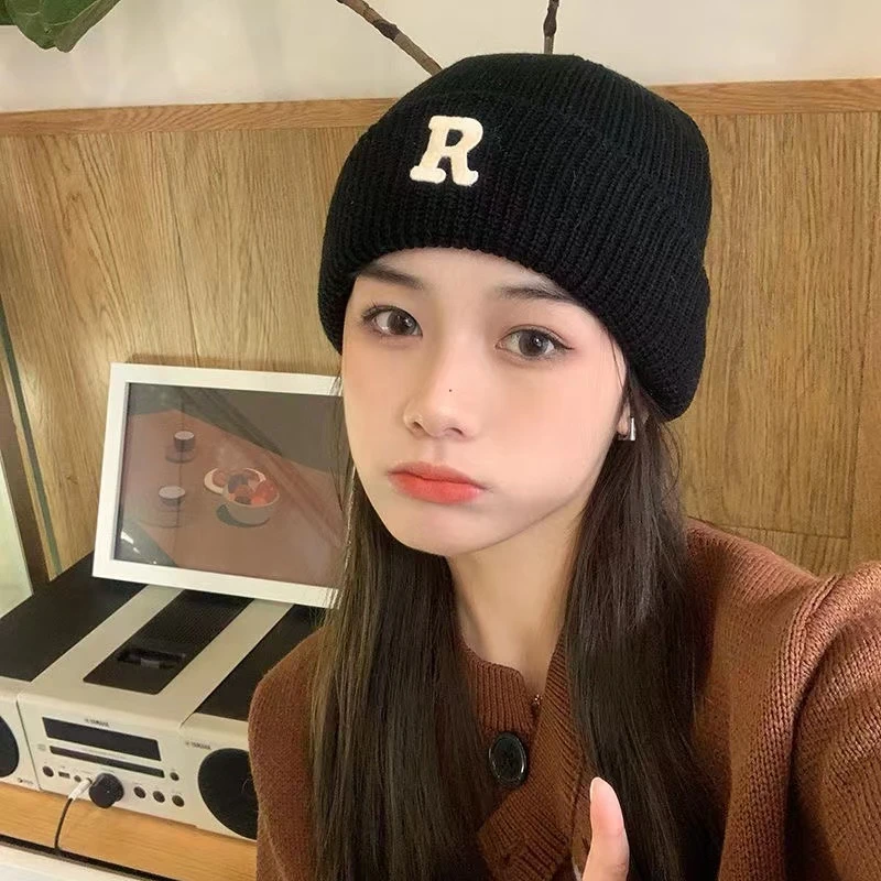 秋冬保暖针织帽韩版百搭R字母毛线帽逛街情侣包头帽男女同款