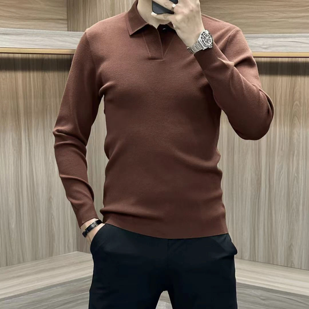 2025秋冬时尚休闲商务针织POLO衫男士轻奢翻领打底衫长袖保暖毛衣