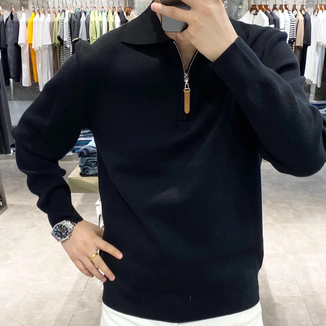 早春新款休闲简约翻领polo衫时尚百搭套头拉链长袖针织衫纯色毛衣