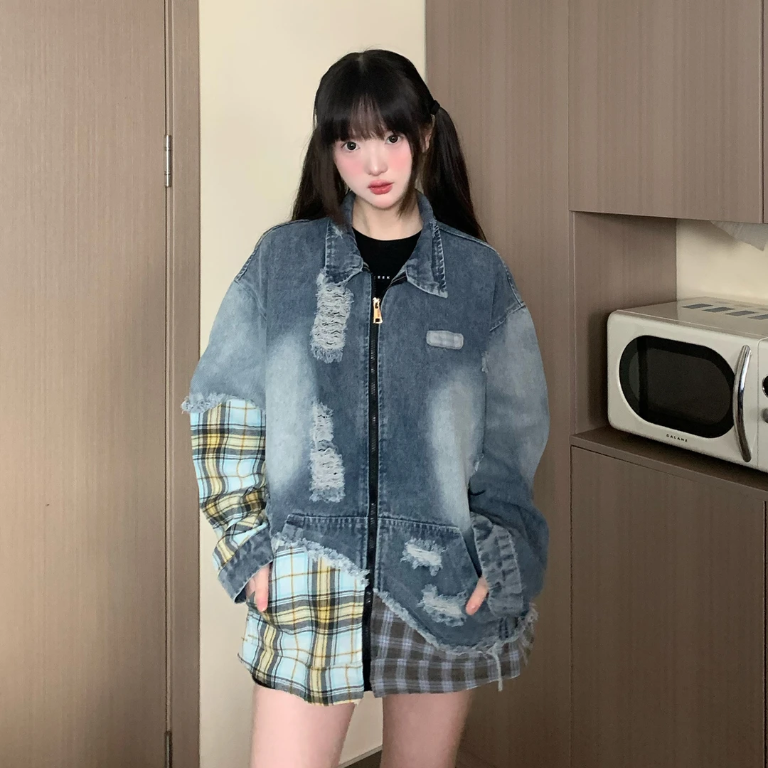 EZEK 拼接拉花牛仔外套春秋长袖时尚休闲复古潮流格纹小众特别感