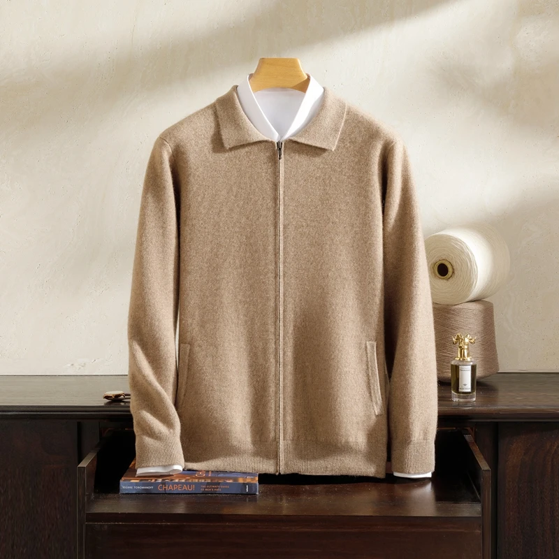 S-C22 男士POLO领100%纯山羊绒开衫空气层加厚针织打底毛衣外套