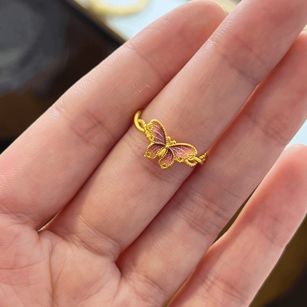 【00】足金999-珐琅彩烧蓝蝴蝶戒指活口戒指-3.24g-3.27g