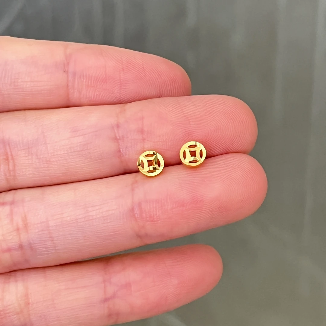 钱币小铜钱耳钉直针足金999  气质轻奢时尚经典简约个性精美耳钉
