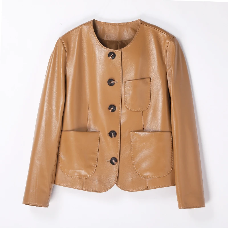 海宁真皮皮衣百搭休闲女式设计师皮衣气质绵羊皮外套短款2405圆领