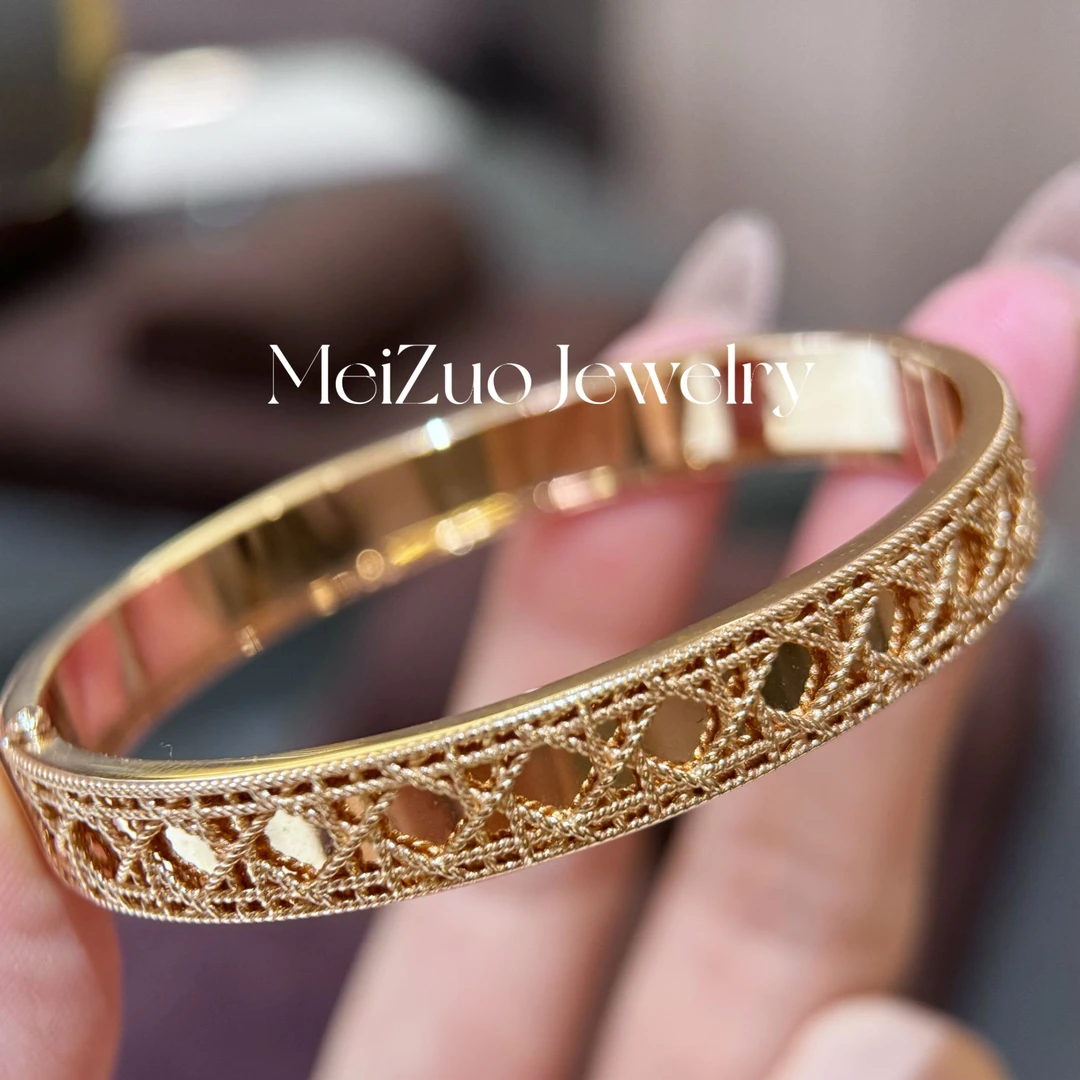 美作【藤格纹素金手镯】18k金玫瑰金重金版复古镂空时尚经典个性