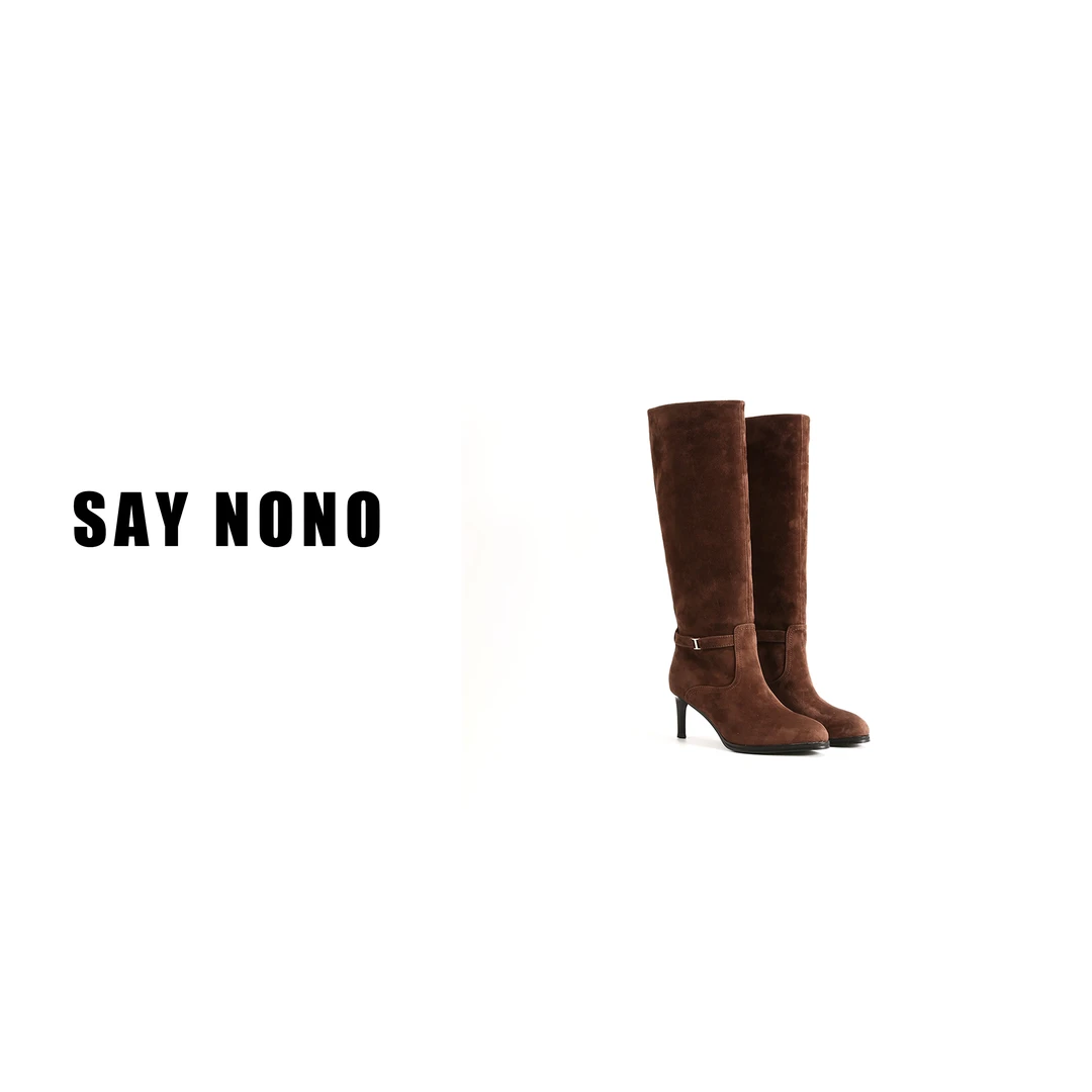 Say nono 欧美风性感金属装饰羊猄绒复古大长腿利器骑士靴6cm