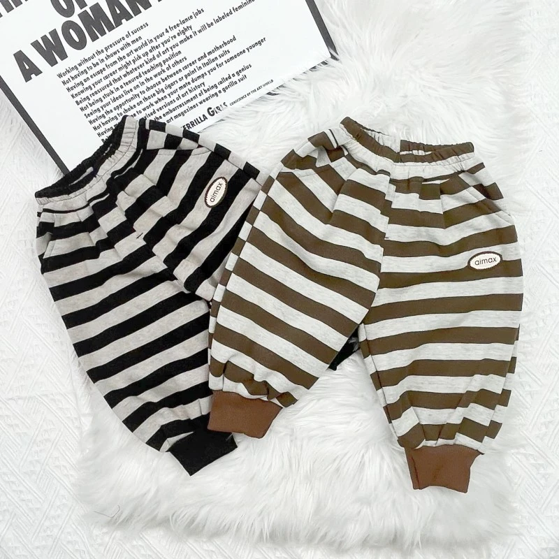 儿童一体绒裤子2024新款女宝宝秋冬季外穿休闲条纹加绒长裤男童裤